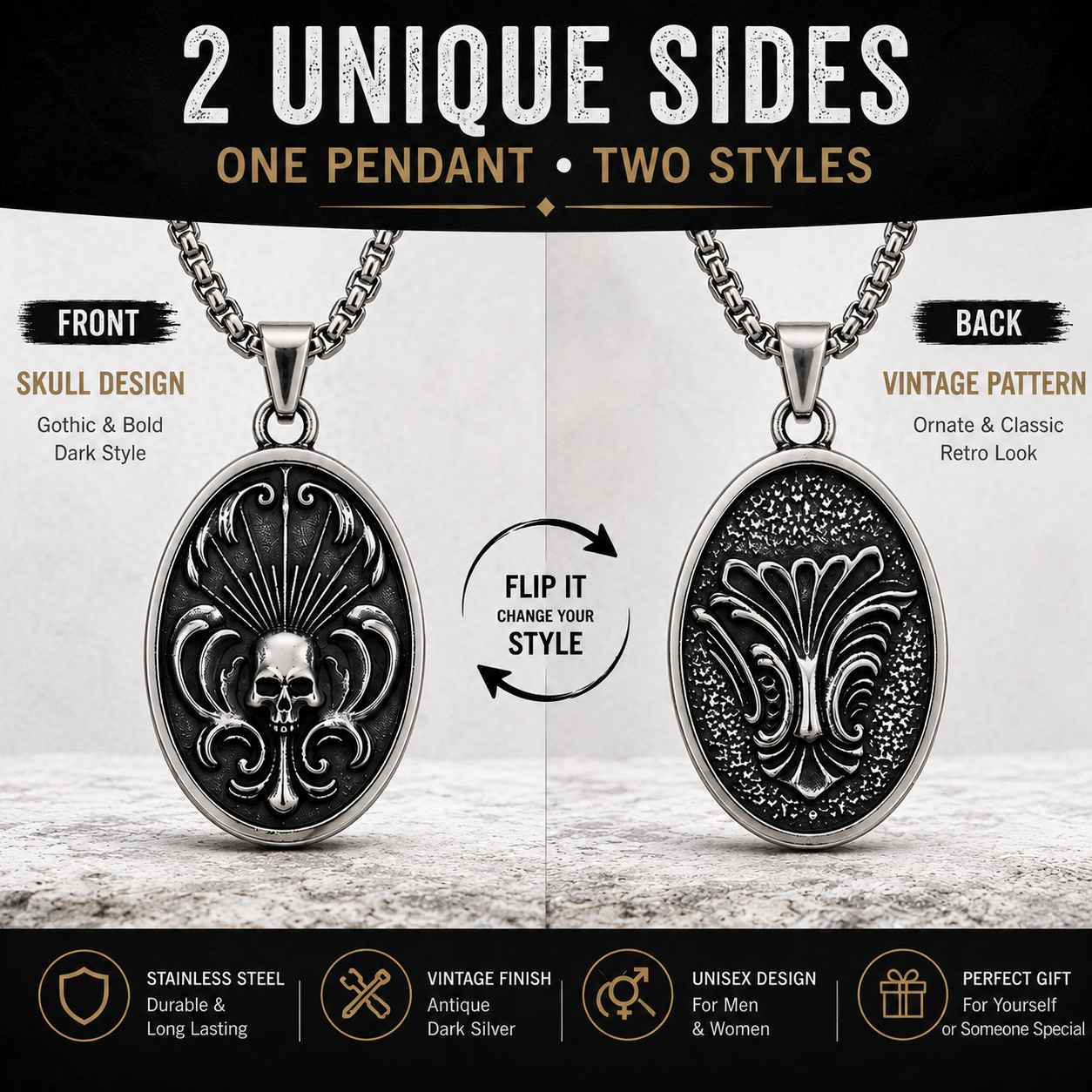 Retro Skull Oval Pendant Necklace Stainless Steel Double-Sided Gothic Necklace with Chain Vintage Punk Jewellery Gift PN0004