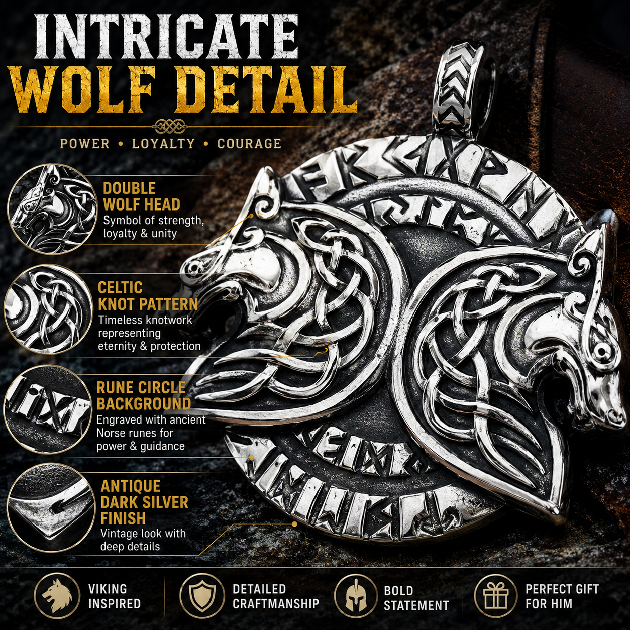 Viking Double Wolf Head Pendant Necklace Celtic Knot Rune Stainless Steel Amulet with Chain PN0189