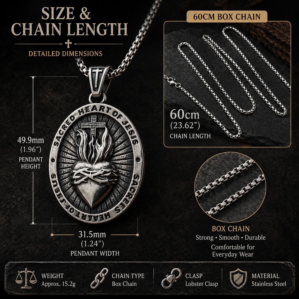 Sacred Heart of Jesus Pendant Necklace for Men Women, Double Sided Stainless Steel Christian Cross Medal, Vintage Dark Silver Religious Necklace with 60cm Box Chain, Catholic Faith Gift #PN0031