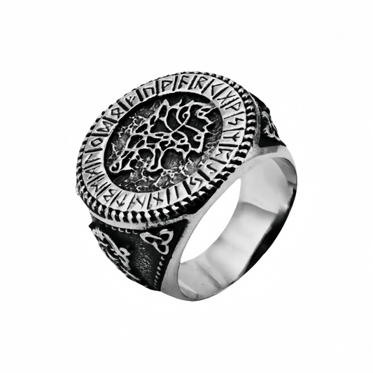 Men Viking Wolf Head Signet Ring Norse Elder Futhark Runes Celtic Knot Band Gift # R288