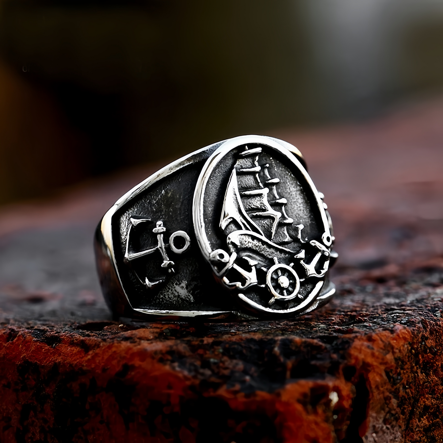 Men Nautical Anchor & Sailboat Engraved Ring Stainless Steel Punk Statement Band # R327