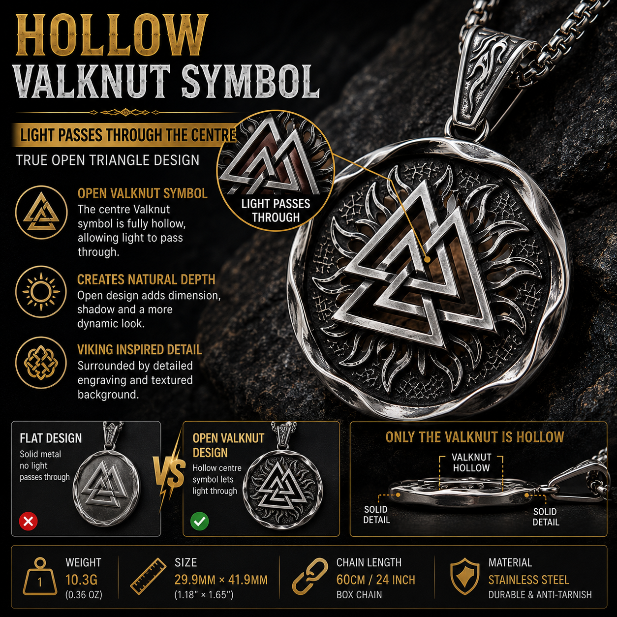 Viking Valknut Pendant Necklace Norse Symbol Stainless Steel with Chain Dark Silver Symbol Jewellery Gift PN0011