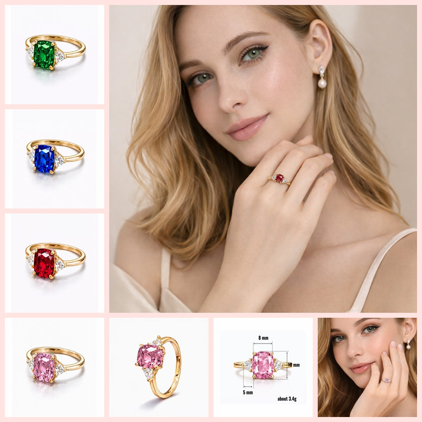 Women Gold Tone Cushion Cut Zircon Rings Green Blue Red Pink & FREE LED Gift Box # R228