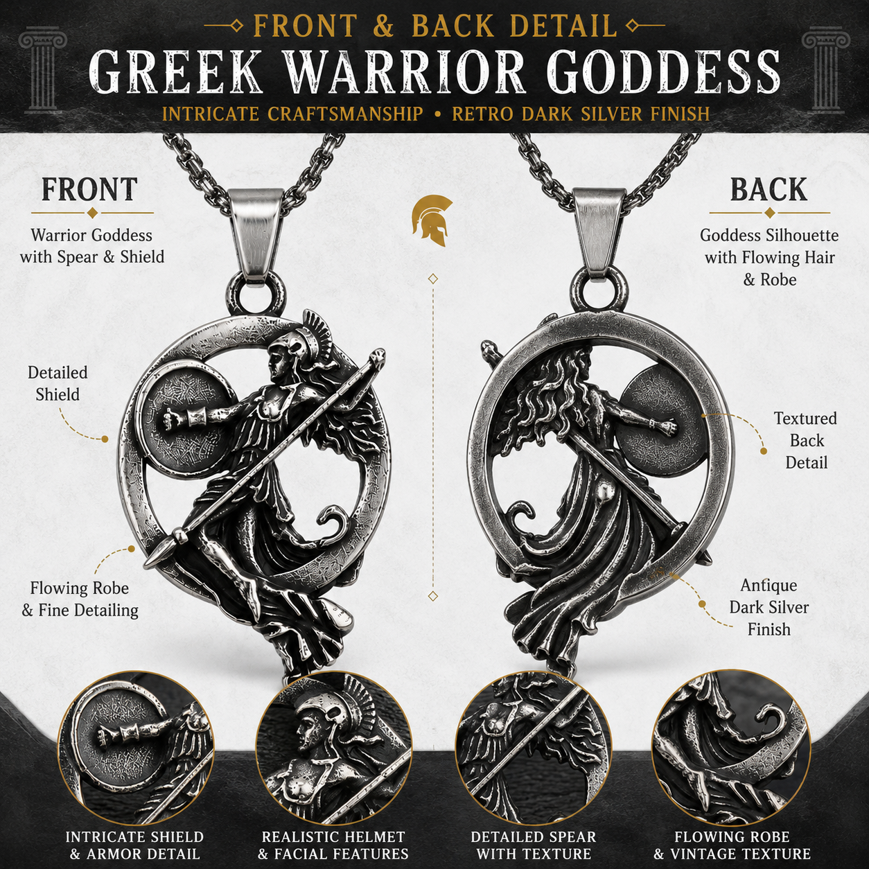 Unisex Retro Greek Goddess Warrior Pendant Necklace Dark Silver Stainless Steel Mythology Chain Gift PN0015