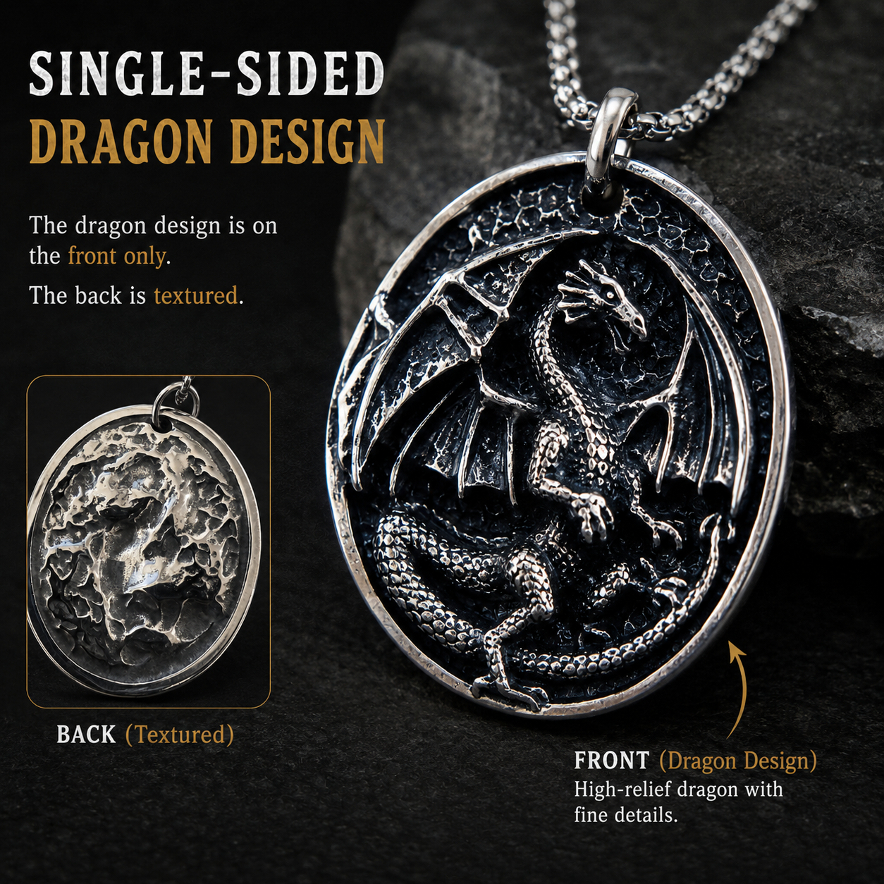 Vintage Dragon Pendant Necklace for Men Stainless Steel Gothic Biker Fantasy Style Necklace Dark Silver Finish Chain PN0020