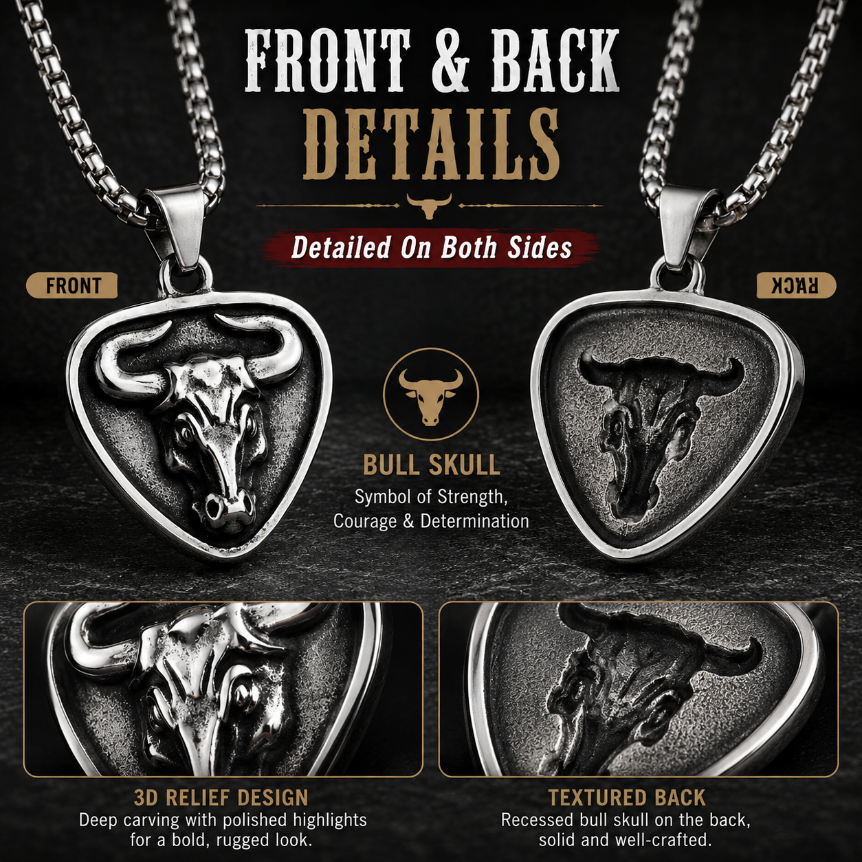 Vintage Bull Skull Pendant Necklace for Men Stainless Steel Ox Head Amulet Dark Silver Tone Chain Gift PN0005