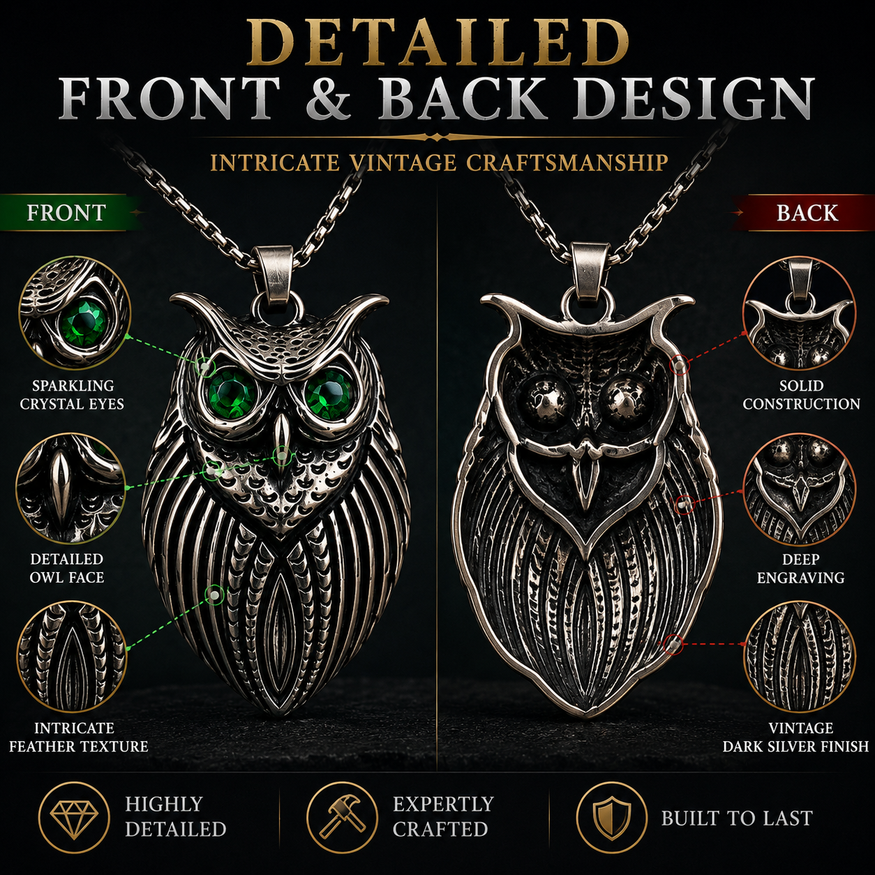 Retro Owl Necklace Stainless Steel Pendant Red Green Gem Eyes Gothic Animal Charm Chain Gift PN0027