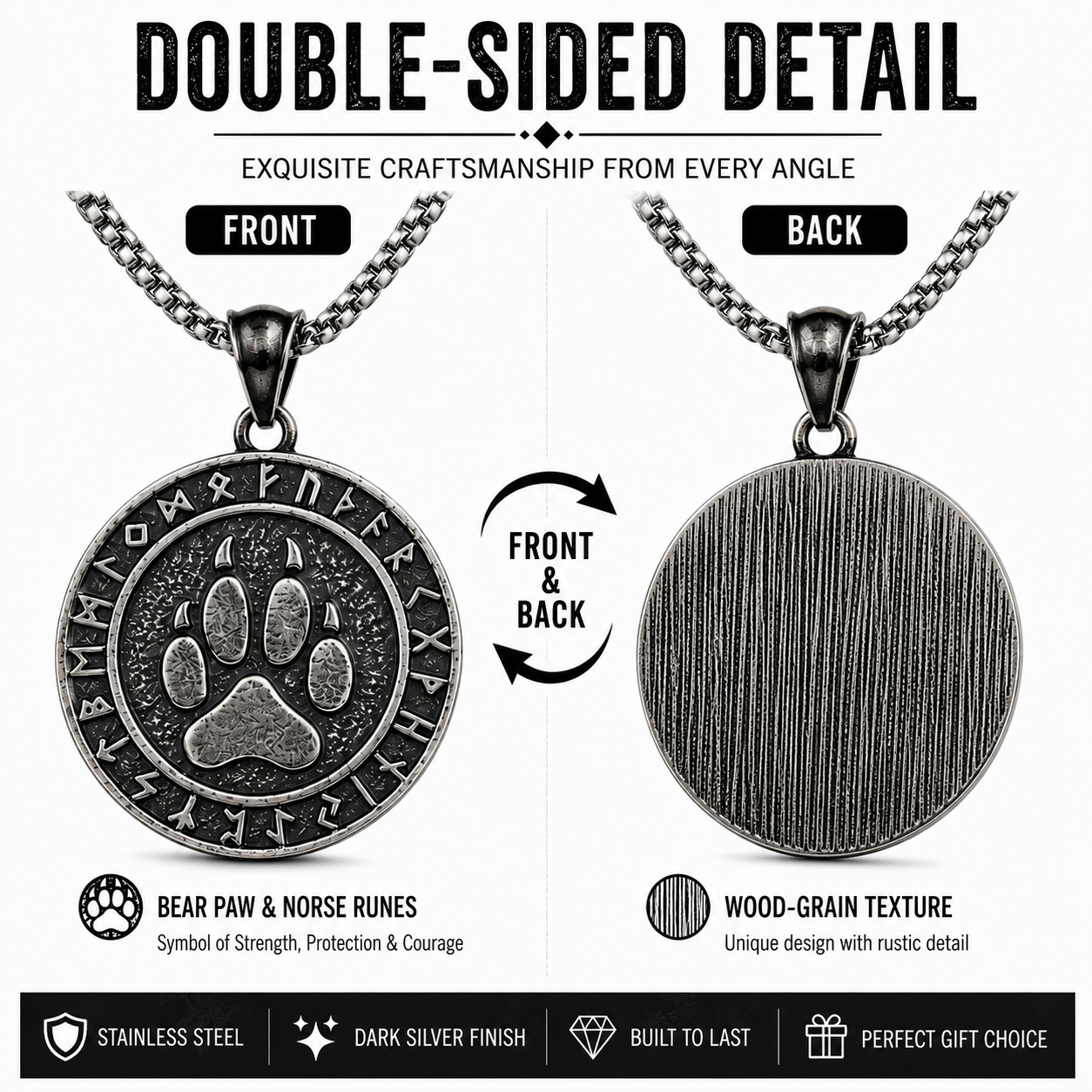 Viking Bear Paw Rune Pendant Necklace Nordic Amulet Stainless Steel Symbolic Totem Gift PN0069