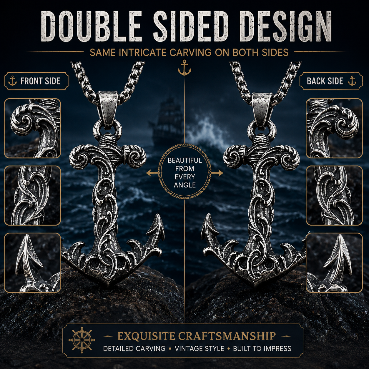Vintage Carved Anchor Pendant Necklace Stainless Steel Nautical Gothic Marine Chain Gift For Men PN0003