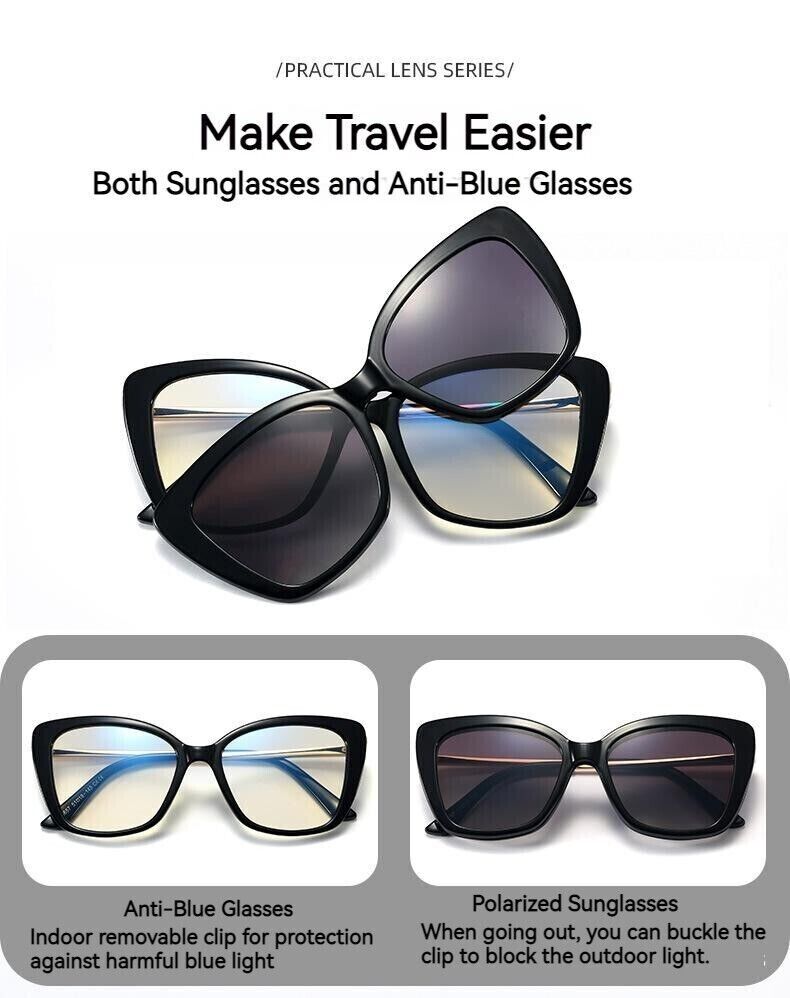 Women's UV400 Polarised Antiblue Light Magnetic Glasses Clips Sunglasses Set