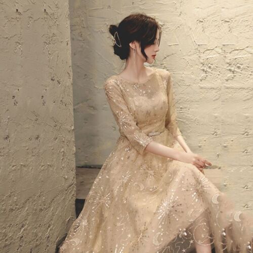 Women Champagne Formal Wedding Evening Cocktail Prom Bridesmaid Ball Gown Dress