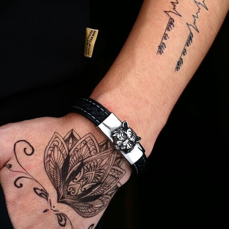 Men Fashion Tiger Head Artificial Leather Titanium Stainless Steel Bracelets