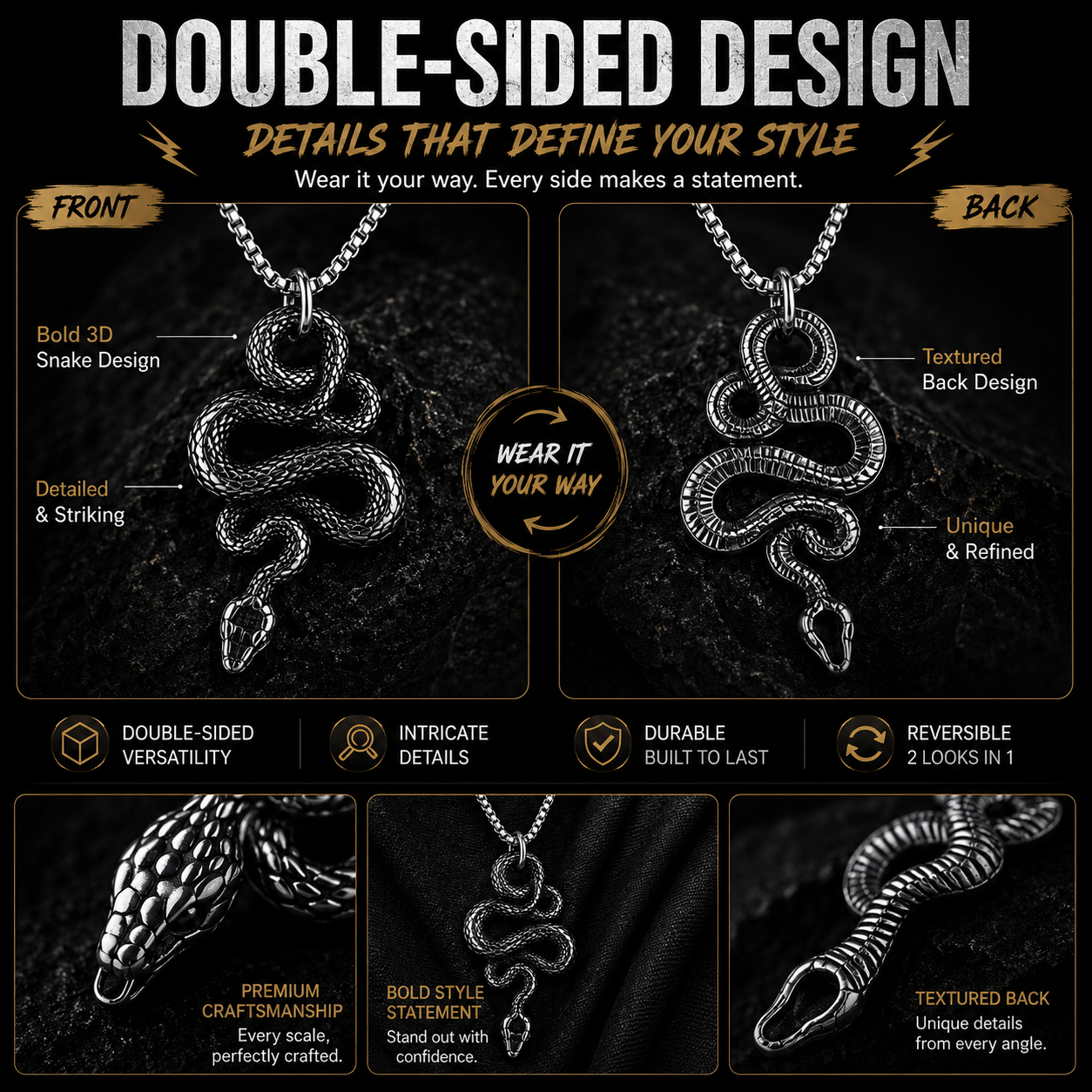 Gothic Snake Pendant Necklace Stainless Steel Serpent Biker Necklace Jewelry Chain Gift #PN0010