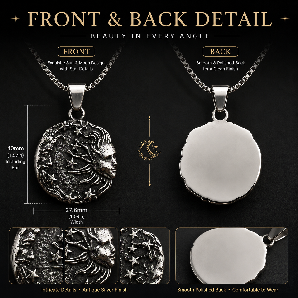 Vintage Sun Moon Face Pendant Necklace Antique Silver Celestial Stainless Steel Necklace Cosmic Star Pendant with Chain Gift PN0018