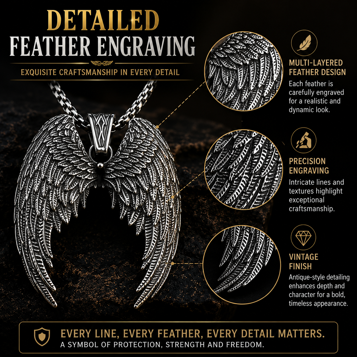Angel Wings Necklace Stainless Steel Pendant Guardian Wing Gothic Biker Gift Chain #PN0032
