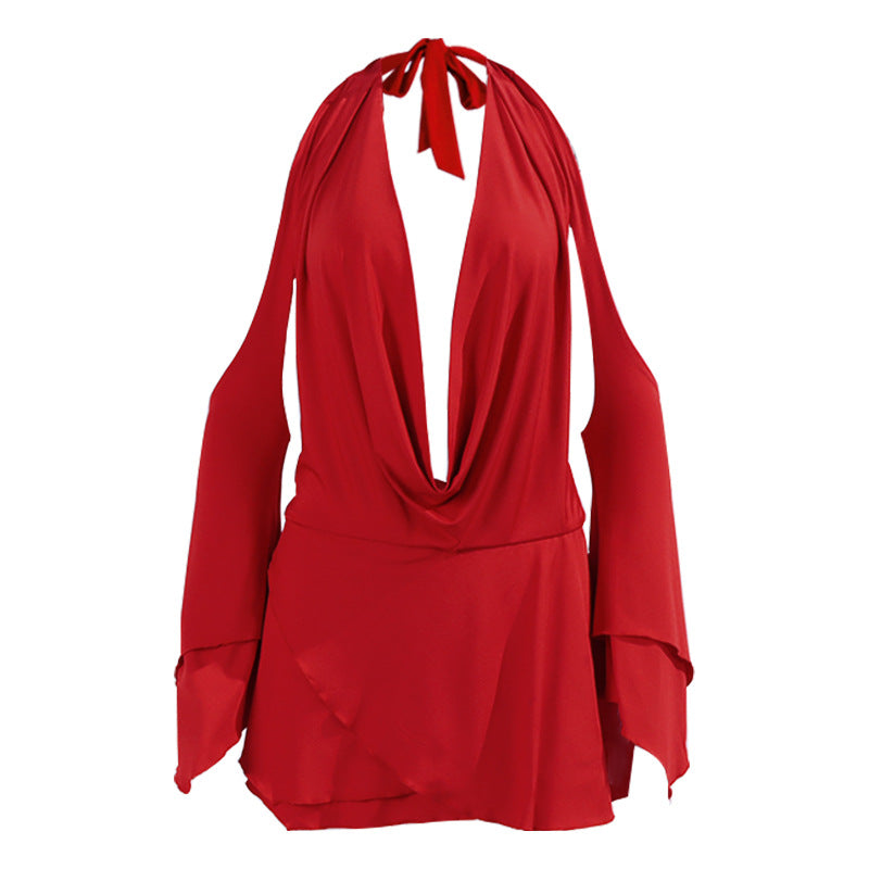 Women Sexy Milk Fiber Halter V-Neck Flared Sleeve Backless Miniskirt Dress