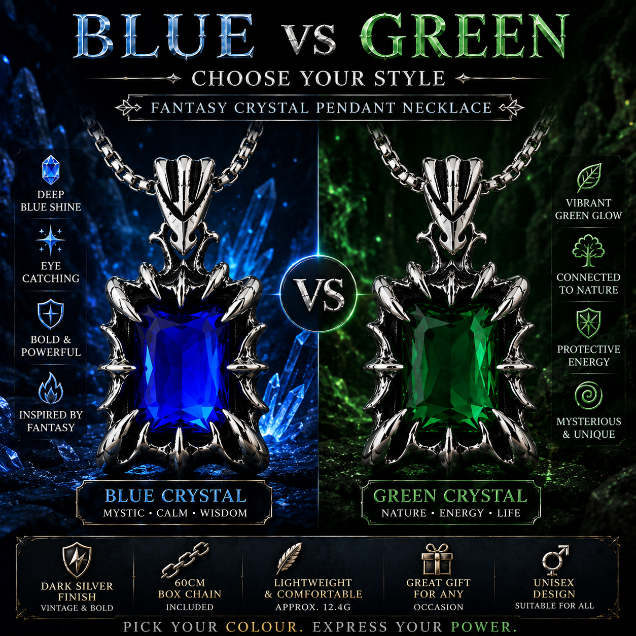 Retro Fantasy Vintage Gothic Crystal Pendant Necklace Dark Silver Stainless Steel Chain Blue Green Red Black Gem PN0029