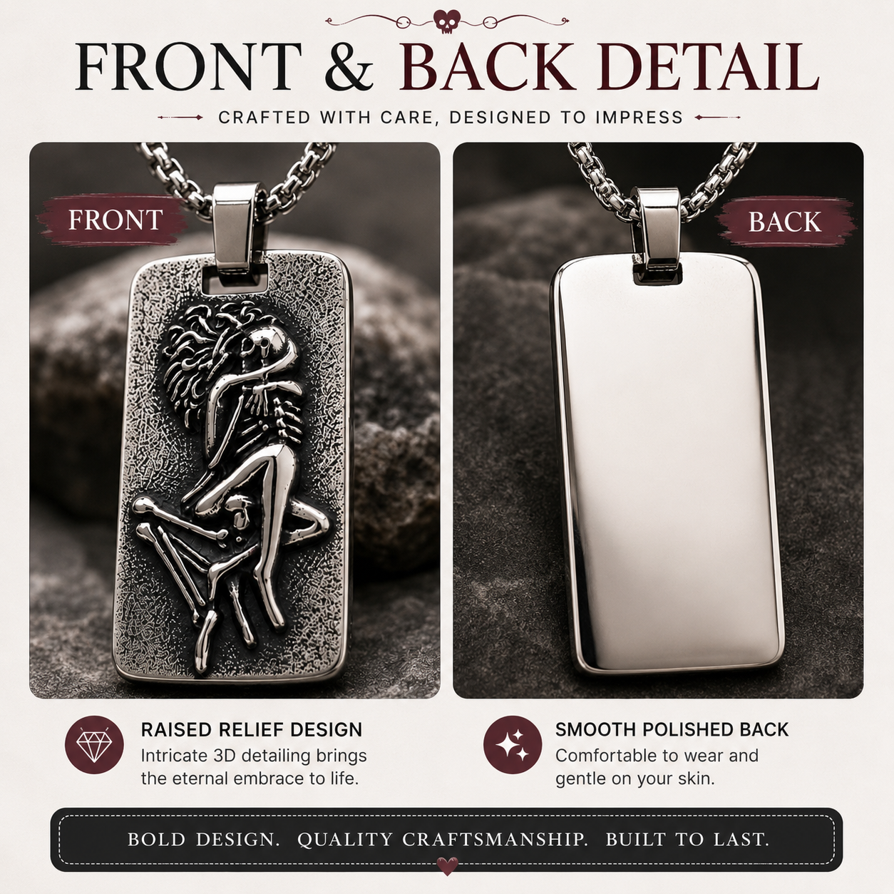 Gothic Skeleton Lovers Pendant Necklace Stainless Steel Dark Silver Gothic Jewellery Chain Gift For Men Women #PN0023