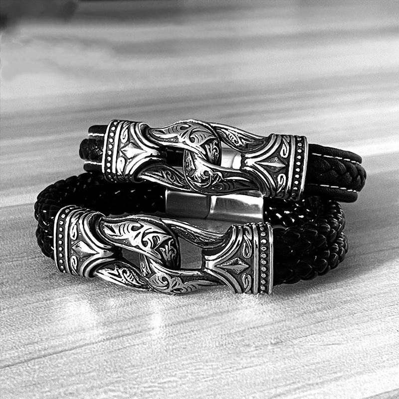 Vintage Titanium Steel Fashion Carved Viking Double Leather Rope Bracelet