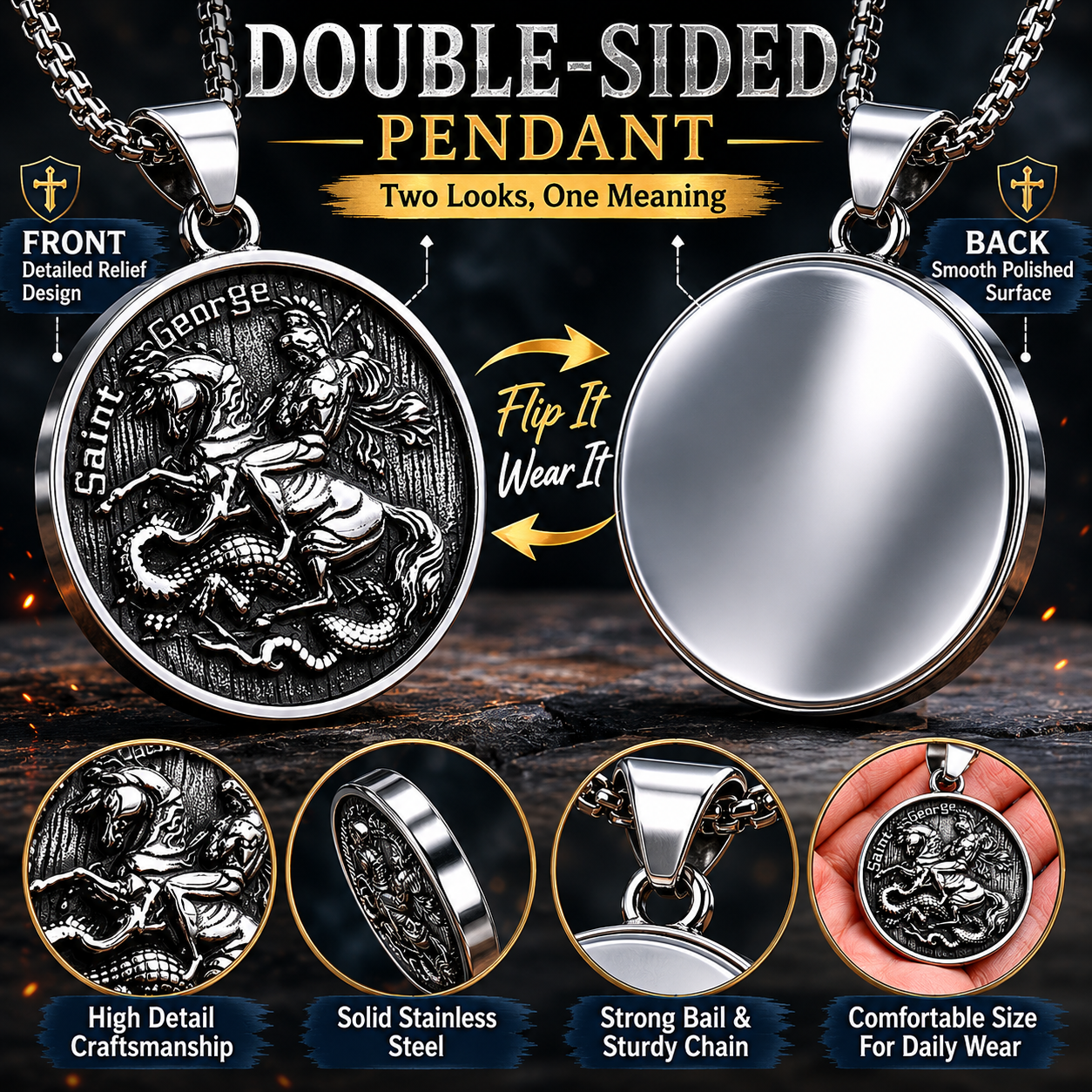 Men Saint George Dragon Pendant Necklace Stainless Steel Round Medallion Chain Gothic Retro Christian Amulet Jewellery Gift PN0006