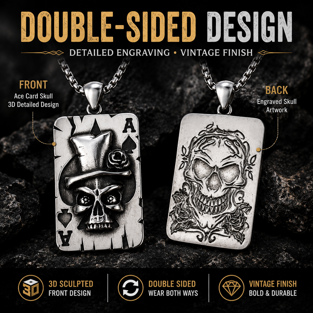 Men Gothic Skull Poker Ace Card Pendant Necklace Stainless Steel Vintage Punk Punk Street Style Biker Chain PN0008