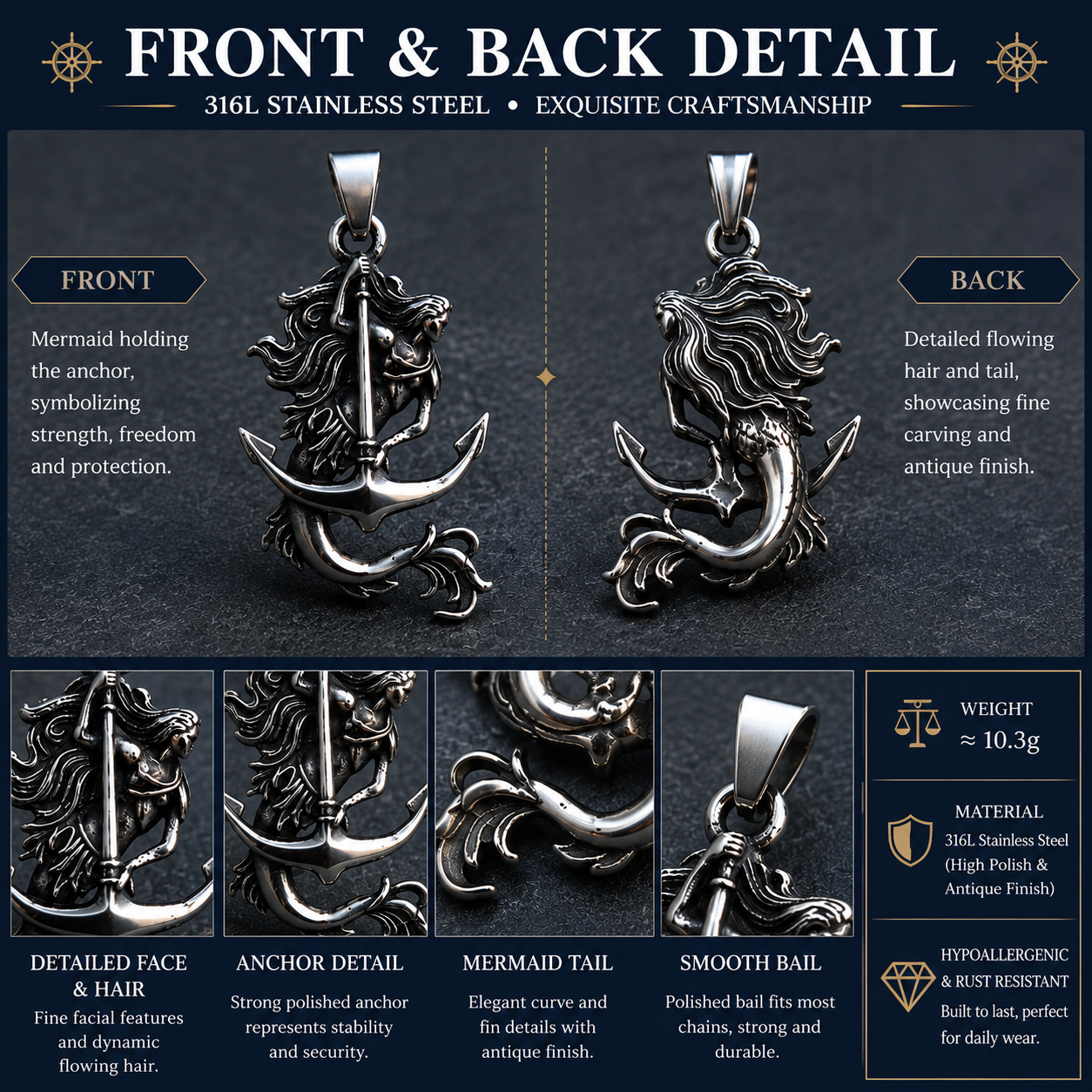 Vintage Mermaid Anchor Pendant Necklace Stainless Steel Dark Silver Nautical Chain PN0021
