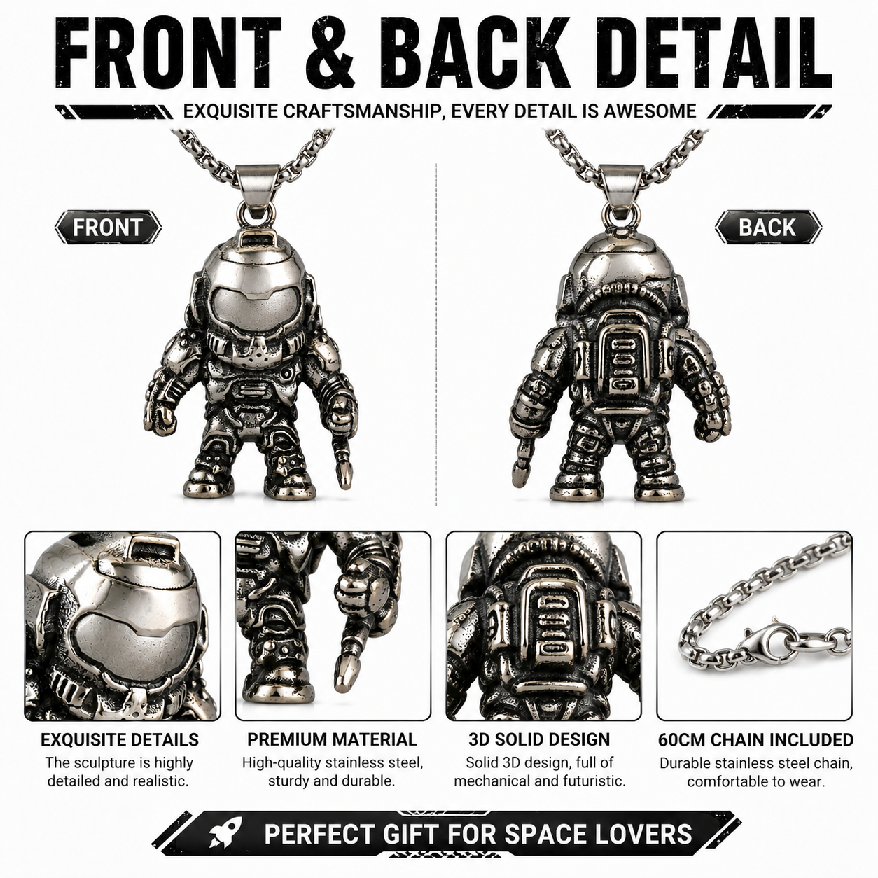 Space Astronaut Necklace Pendant Dark Silver Stainless Steel 60cm Chain Gift PN0028