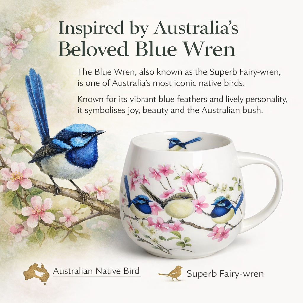 Blue Wren Bird Floral Mug 400ml Fine Porcelain Coffee Tea Cup Birthday Gift Box