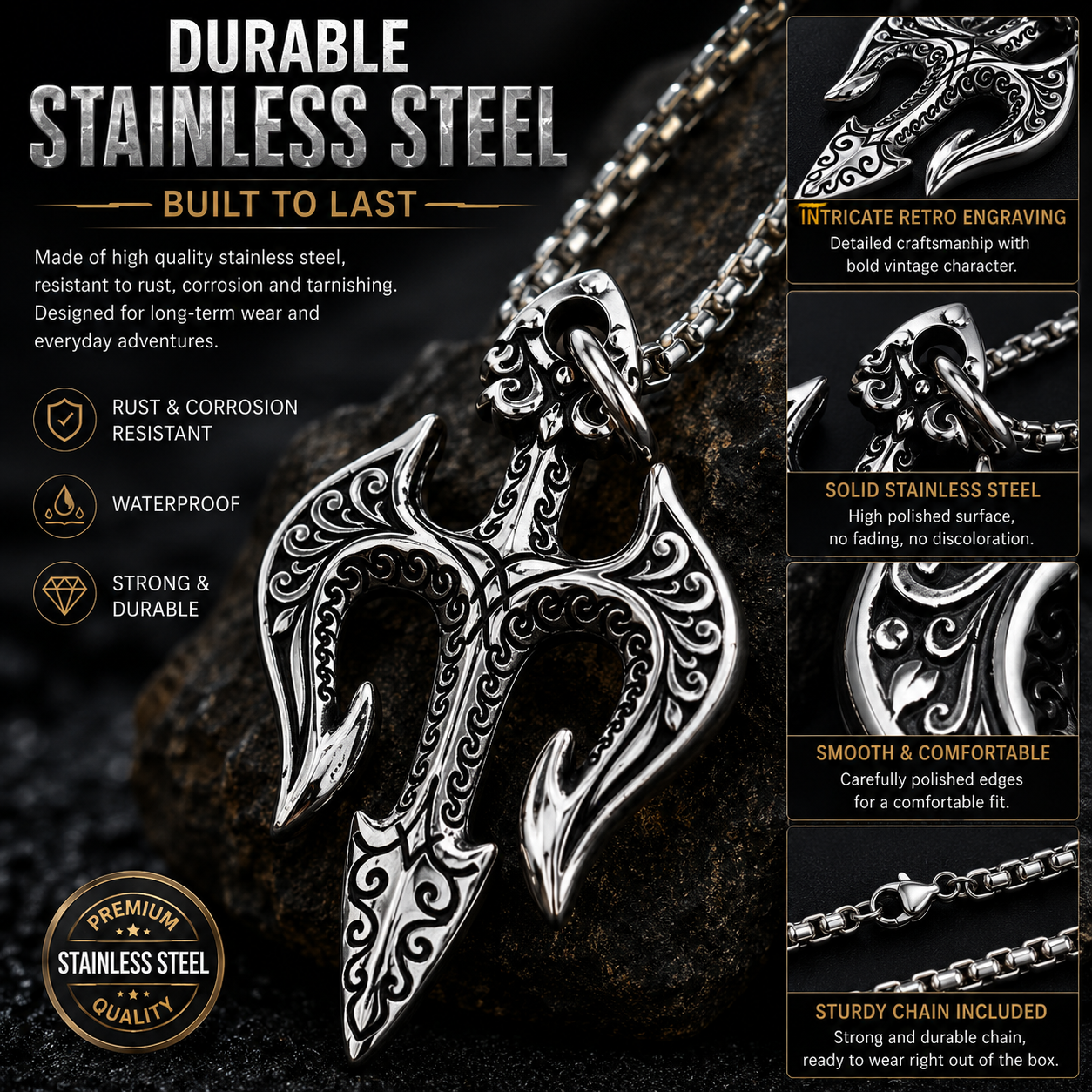 Men Vintage Poseidon Trident Pendant Necklace Gothic Greek Mythology Amulet Stainless Steel Chain PN0001