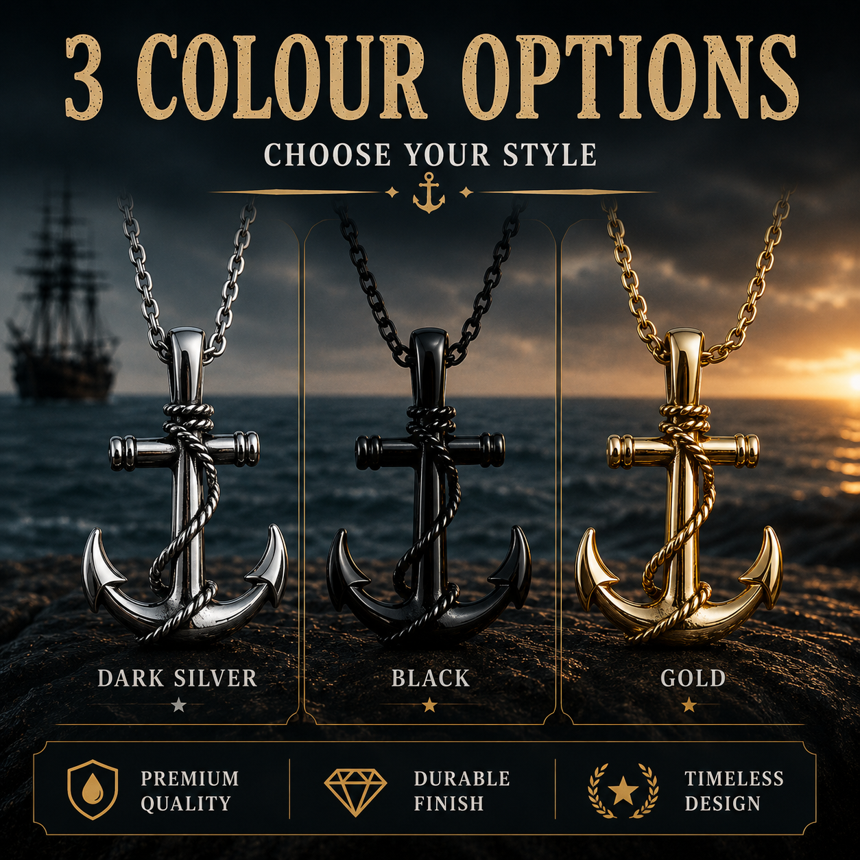 Unisex Anchor Pendant Necklace Stainless Steel Nautical Sailor Rope Charm Vintage Necklace 60cm Chain Gift PN0013