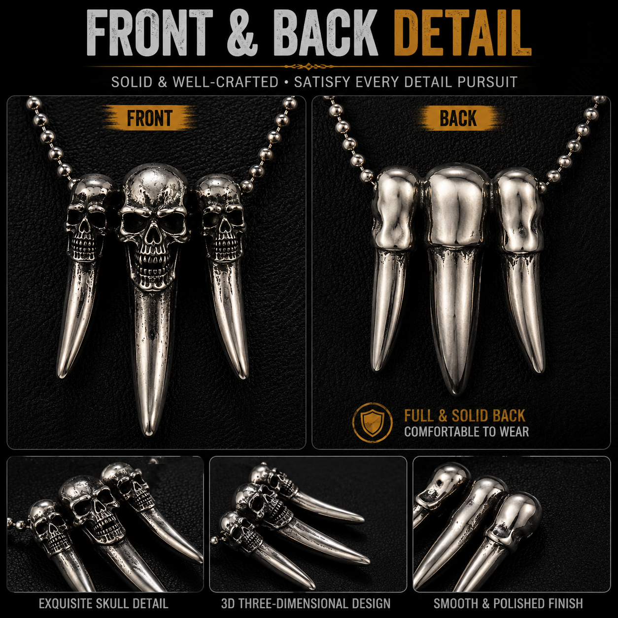Triple Skull Tooth Pendant Necklace Mens Gothic Viking Biker Punk Stainless Steel Chain #PN0007