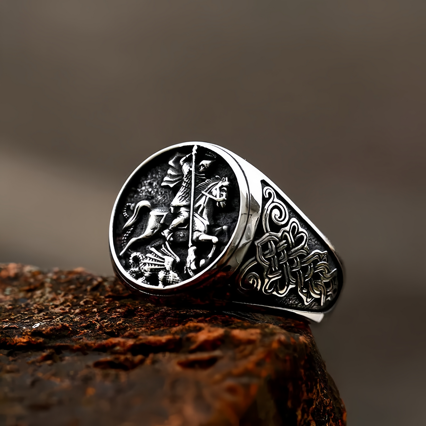 Men Stainless Steel Saint George Dragon Slayer Ring Knight Celtic Signet Jewelry # R280