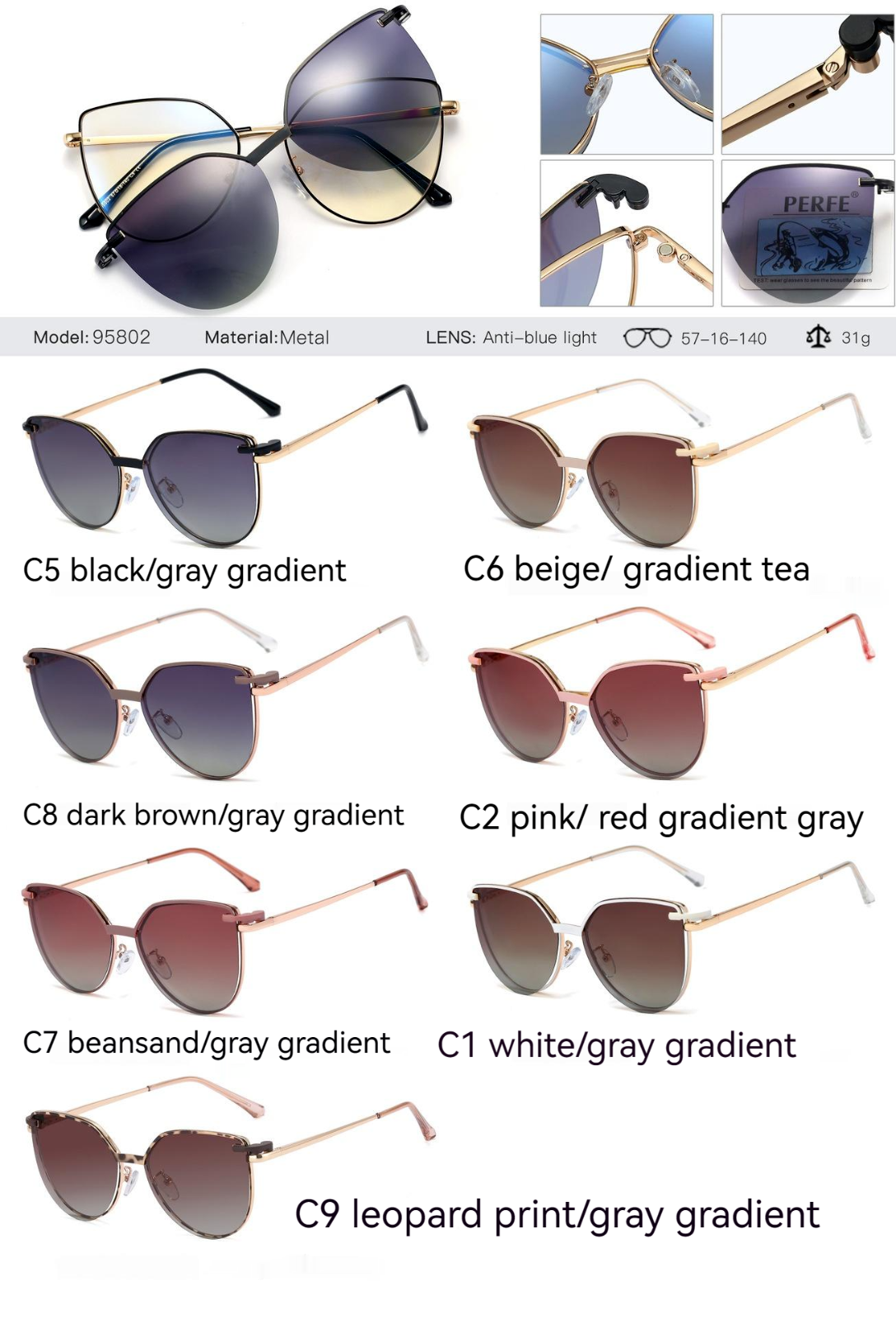 Women Anti Blue Ray Magnetic Suction Clip UV400 Polarized Two Use Sunglasses Set