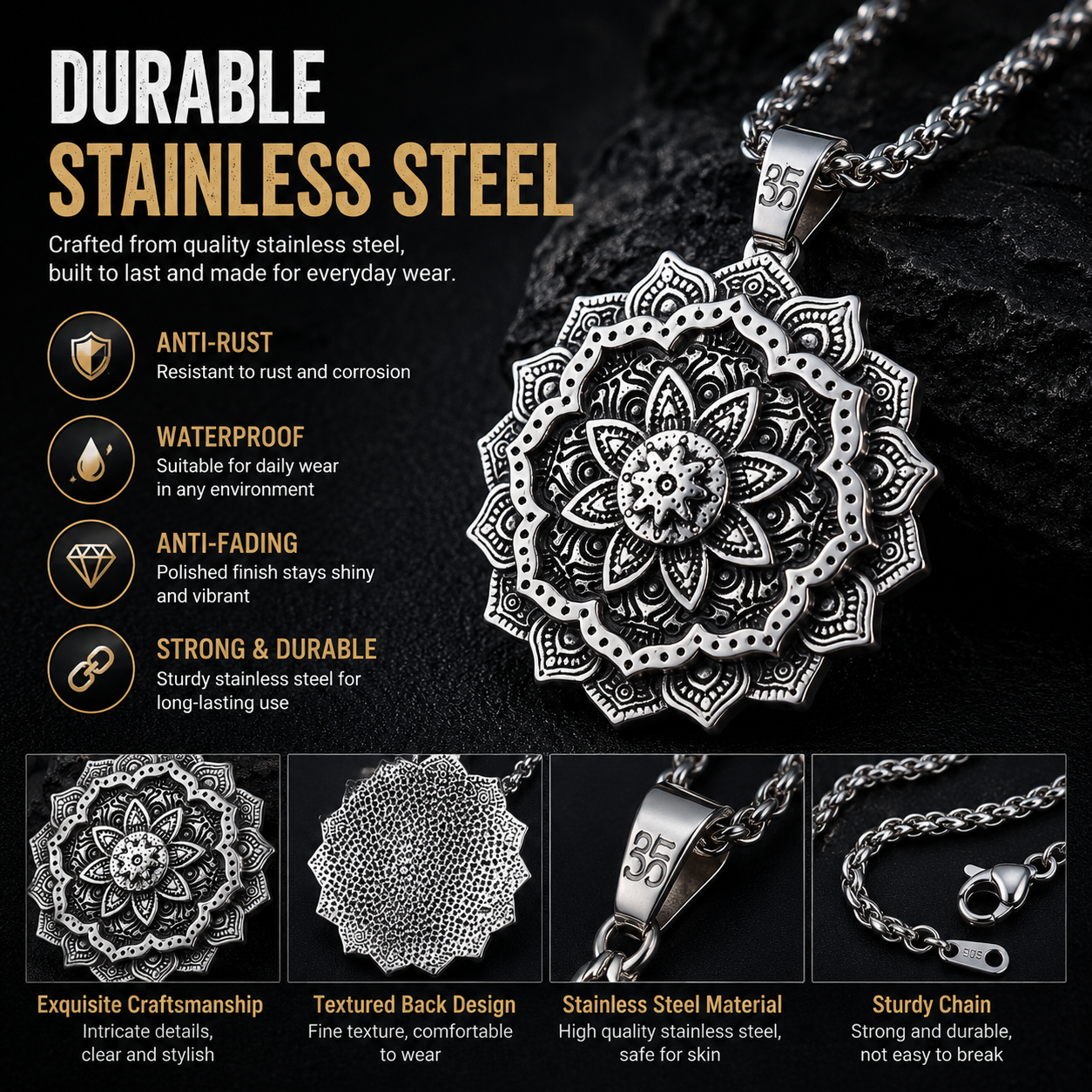 Unisex Vintage Flower Pendant Necklace Stainless Steel Zen Yoga Punk Necklace with 60cm Chain Gift for Men Women PN0016