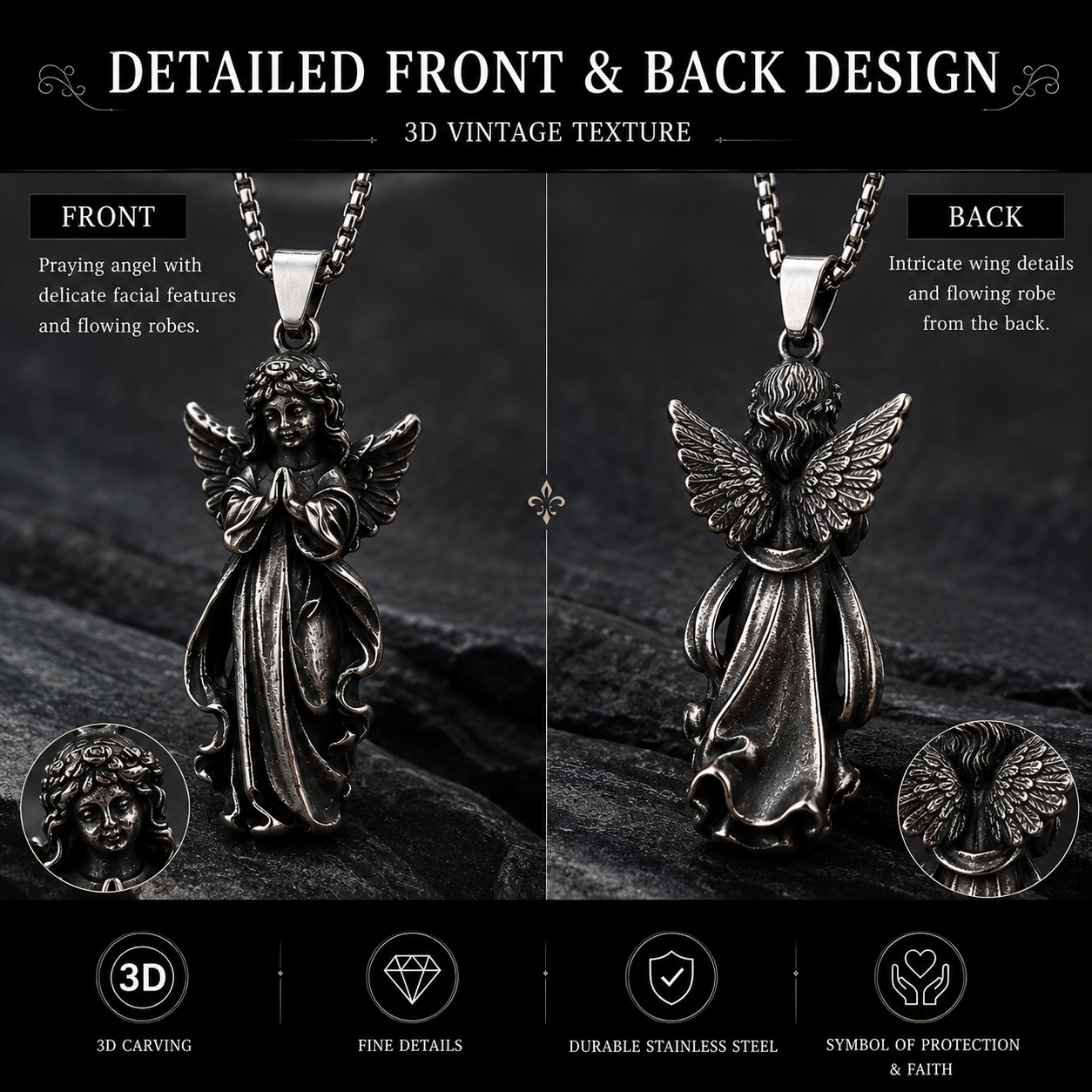 Unisex Vintage Angel Pendant Necklace Stainless Steel Dark Silver Gothic Prayer Angel Charm Chain Necklace Gift for Men Women PN0019