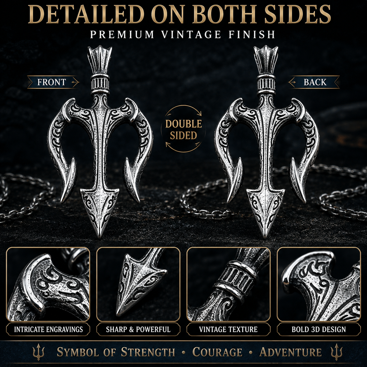 Men Vintage Poseidon Trident Pendant Necklace Gothic Greek Mythology Amulet Stainless Steel Chain PN0002
