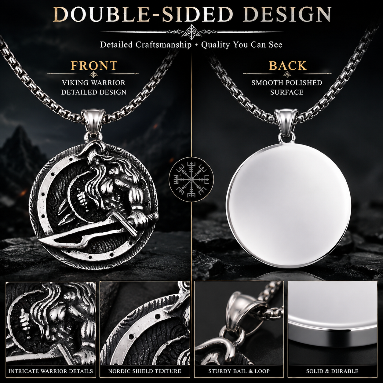 Men Viking Warrior Pendant Necklace Norse Mythology Stainless Steel Round Amulet with Chain PN0014