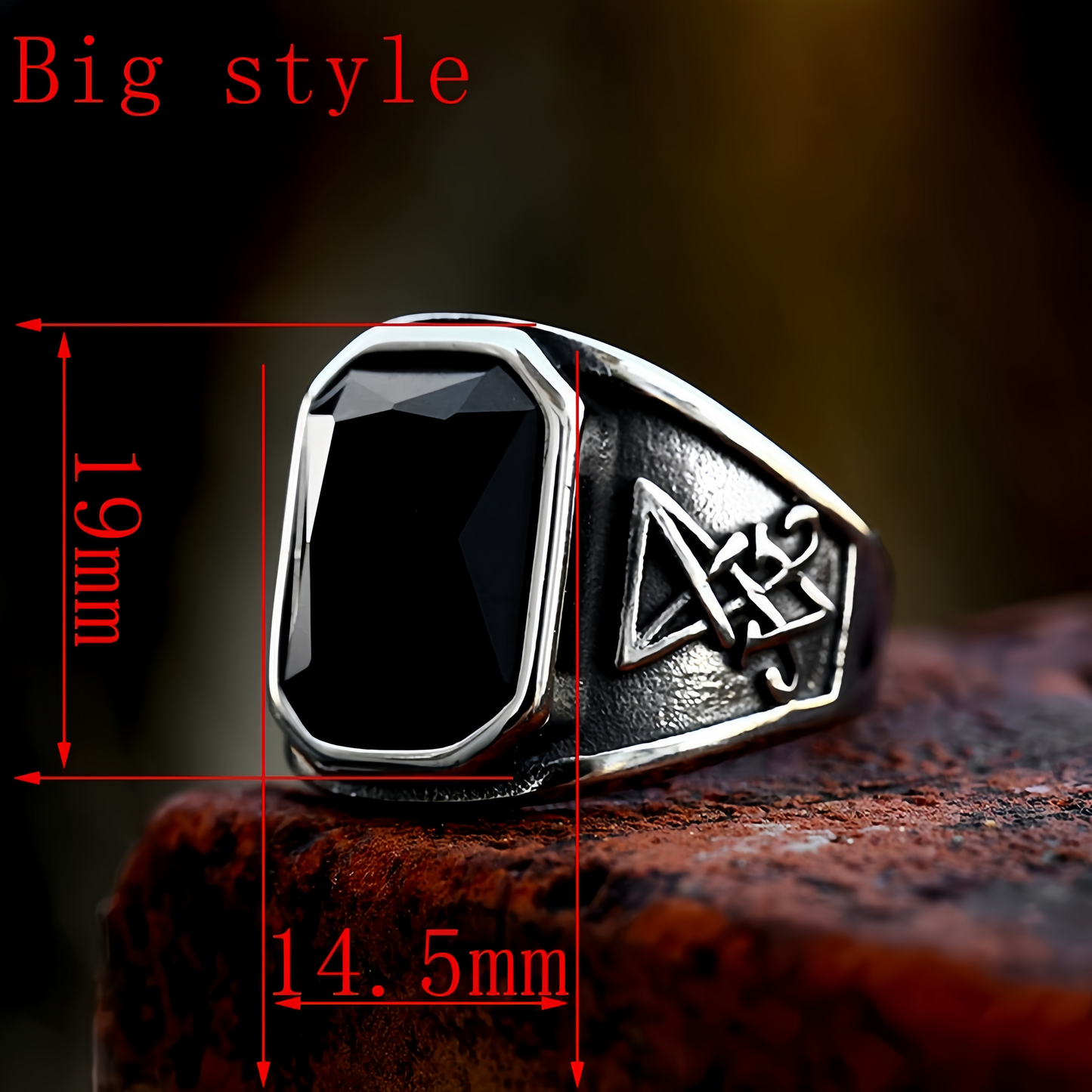 Men Gothic Black Stone Signet Ring Vintage Occult Engraved Rock Biker Punk Band # R366