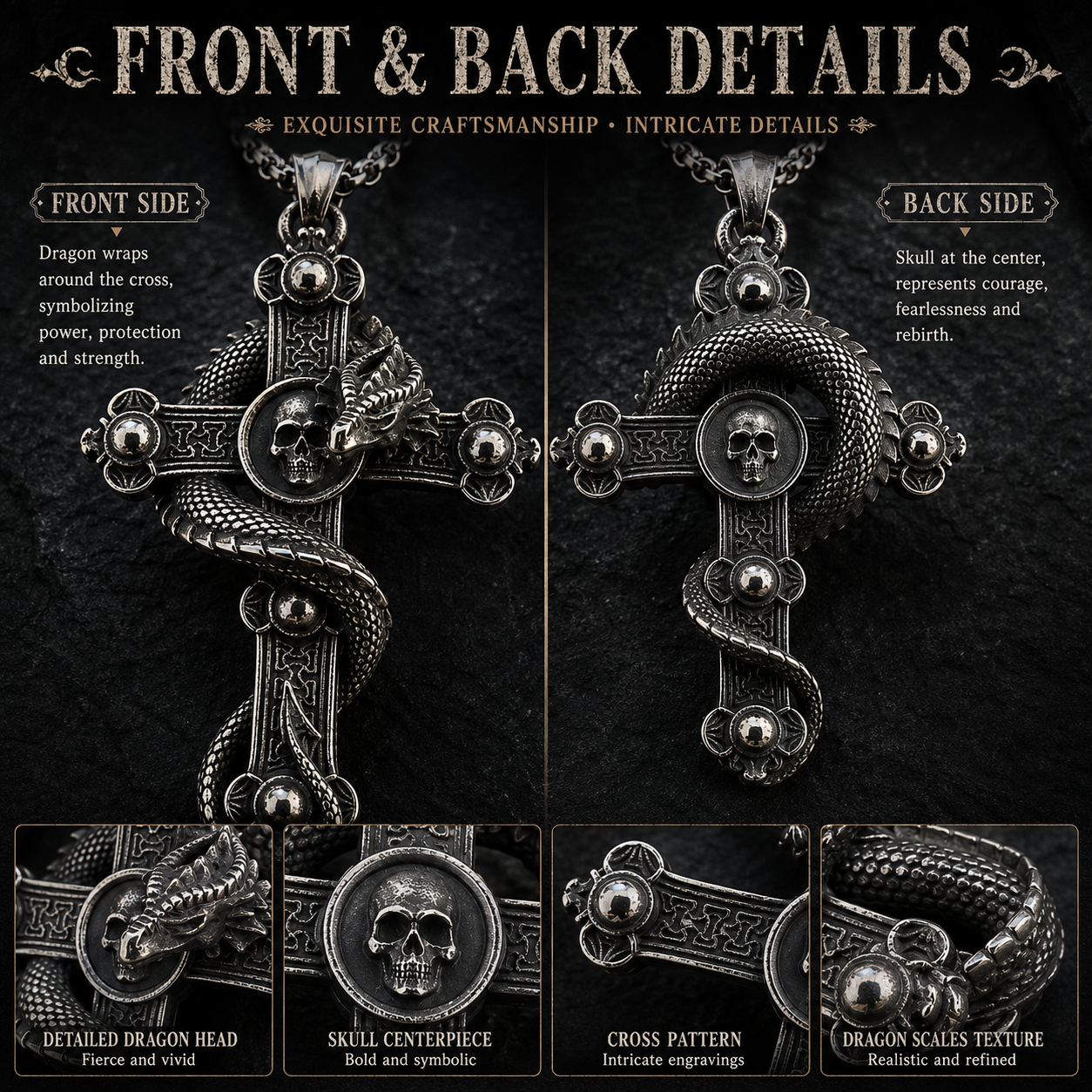 Vintage Dragon Cross Skull Pendant Necklace Men Gothic Stainless Steel Dark Silver Chain PN0022