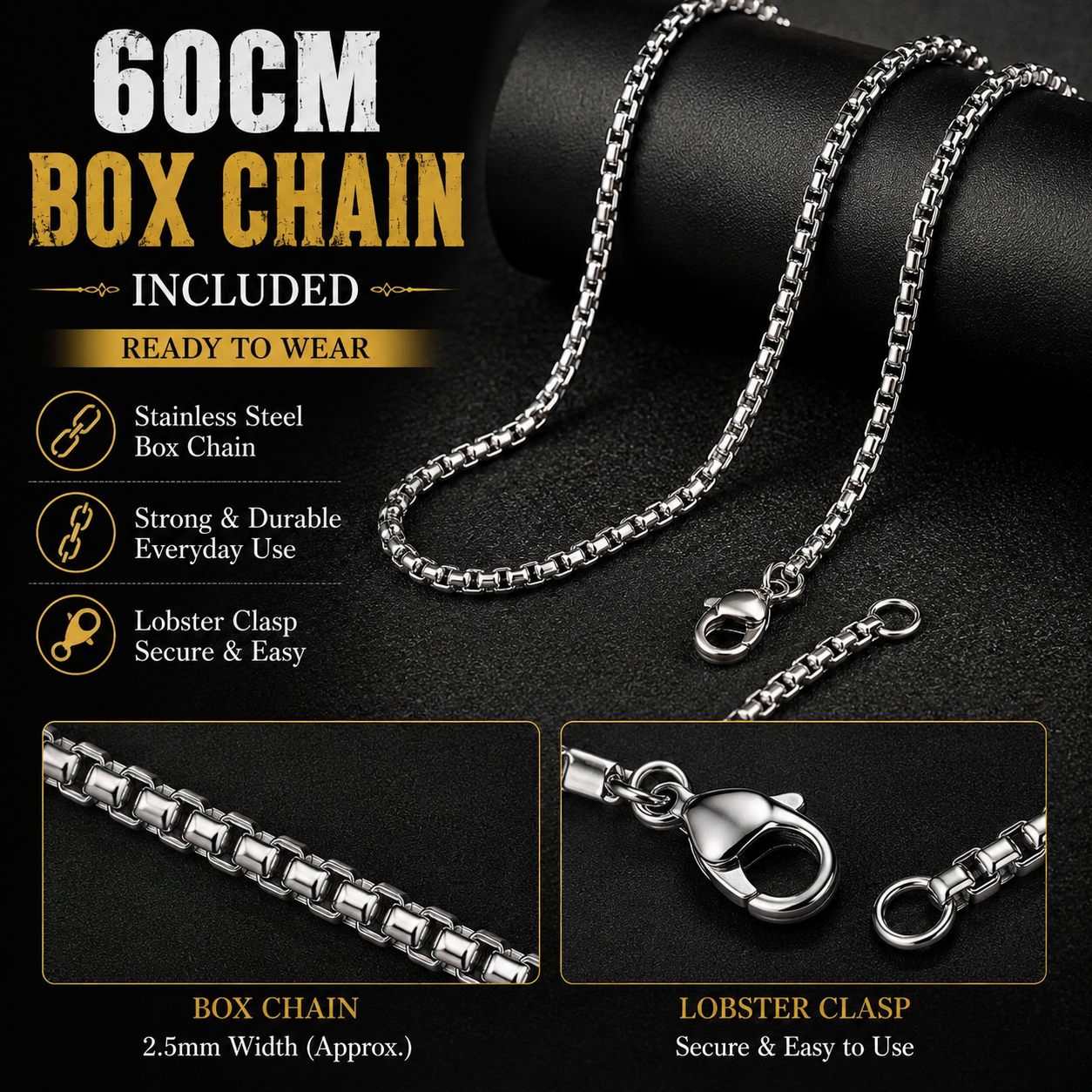 Men Gothic Tiger Tooth Pendant Necklace Dark Silver Flame details Box Chain Gift PN0026