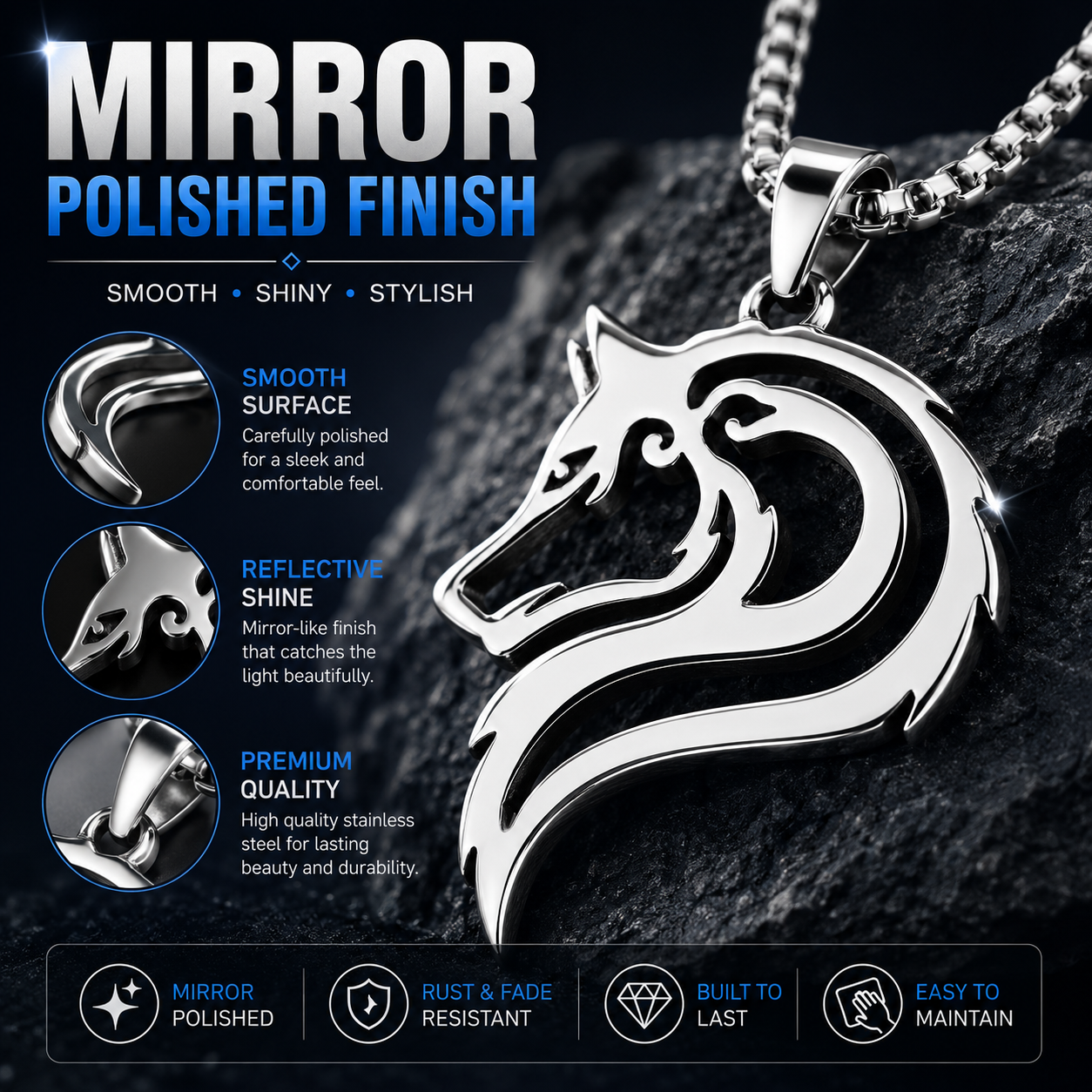 Wolf Head Pendant Stainless Steel Silver Tribal Animal Totem Wolf Necklace Chain PN0012