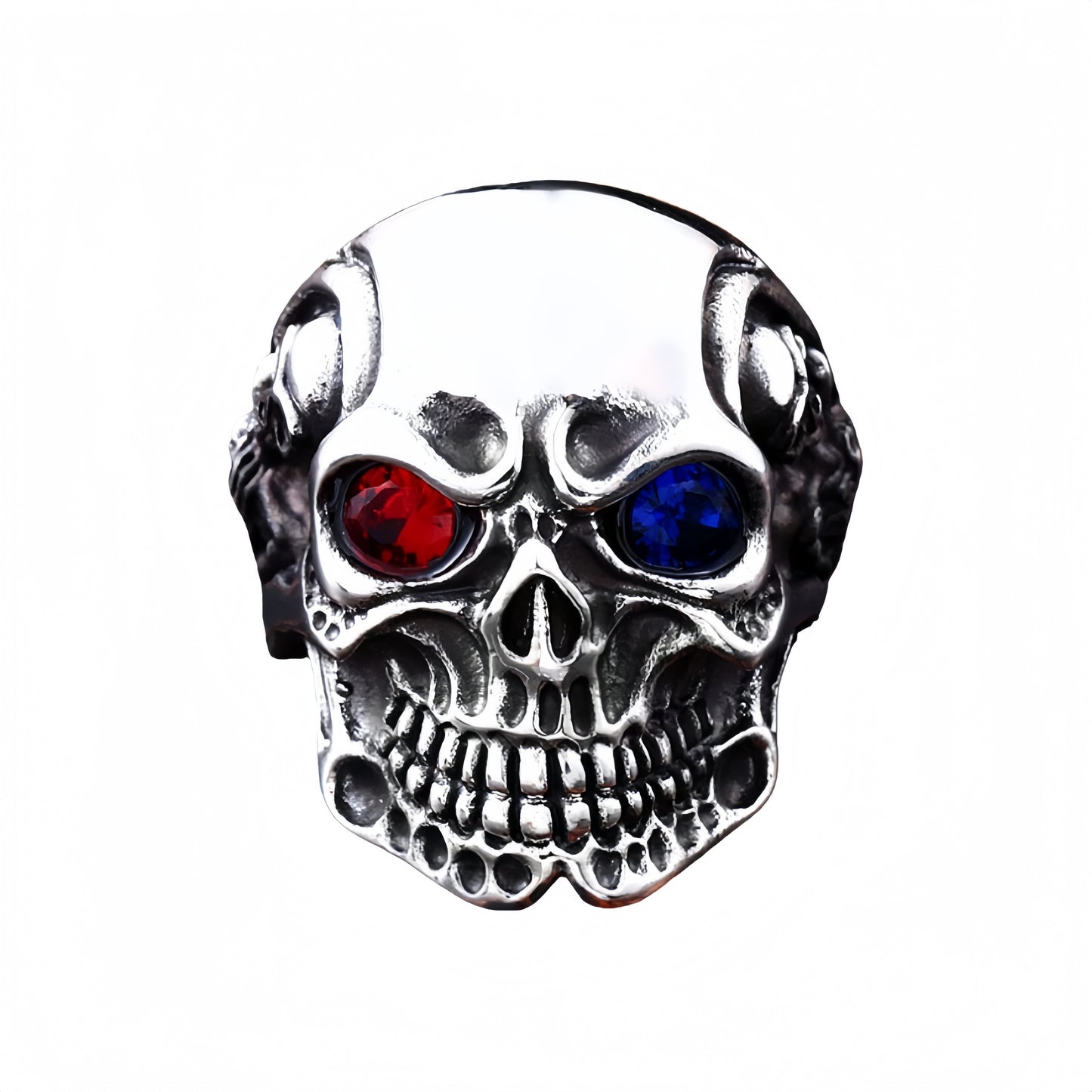 Men’s Gothic Skull Ring Red & Blue CZ Eyes Silver Tone Biker Punk Statement Ring # R25