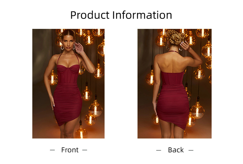 Women Sexy Halter Neckline Backless Pleated Tight Fitting Miniskirt Dress