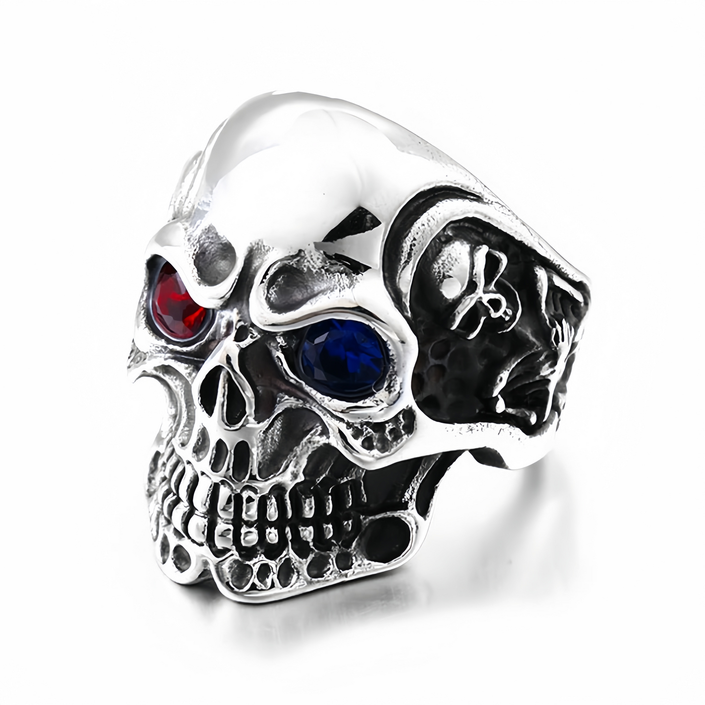 Men’s Gothic Skull Ring Red & Blue CZ Eyes Silver Tone Biker Punk Statement Ring # R25
