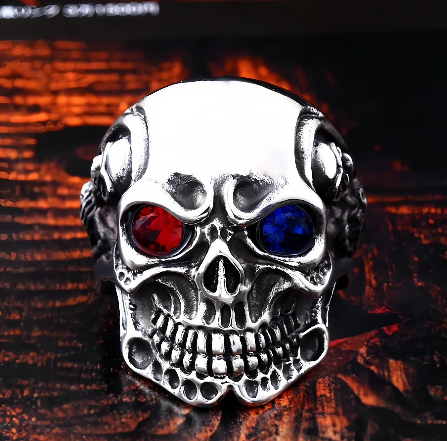 Men’s Gothic Skull Ring Red & Blue CZ Eyes Silver Tone Biker Punk Statement Ring # R25