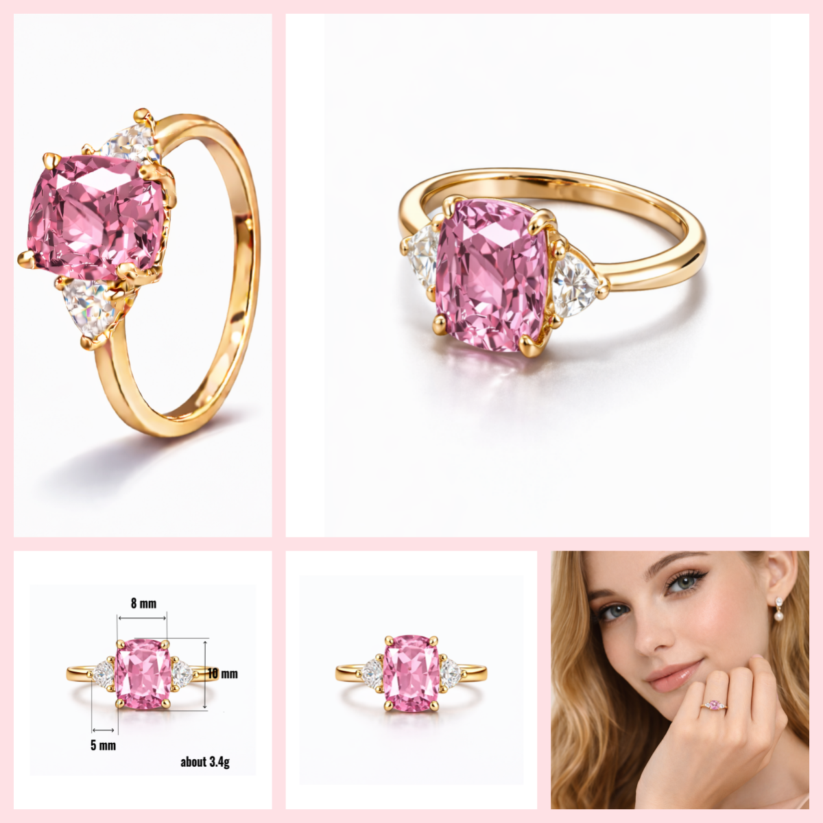 Women Gold Tone Cushion Cut Zircon Rings Green Blue Red Pink & FREE LED Gift Box # R228