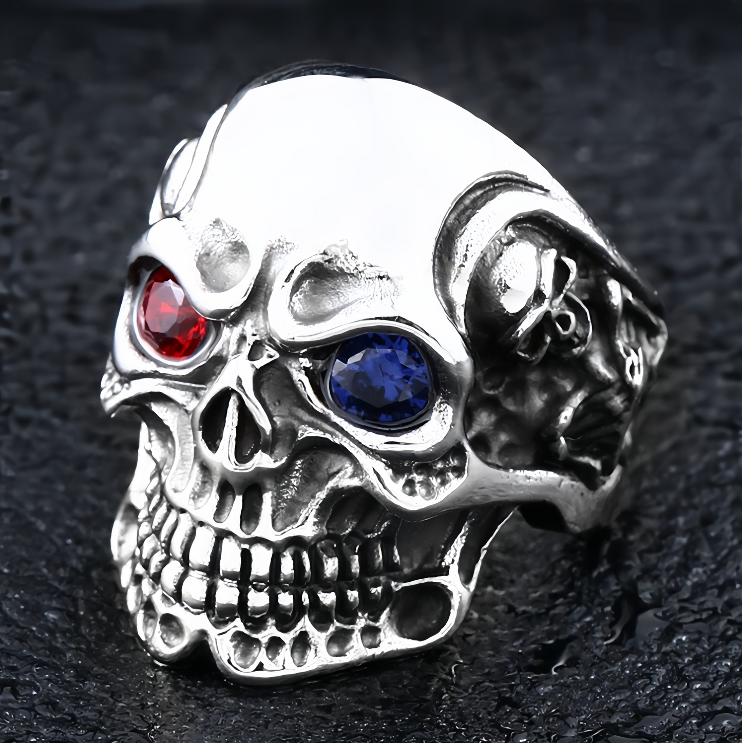 Men’s Gothic Skull Ring Red & Blue CZ Eyes Silver Tone Biker Punk Statement Ring # R25