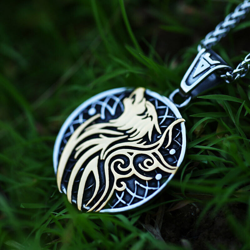 Cool Retro Punk Vintage Wolf Totem Valknut Pendant Biker Titanium Steel Necklace