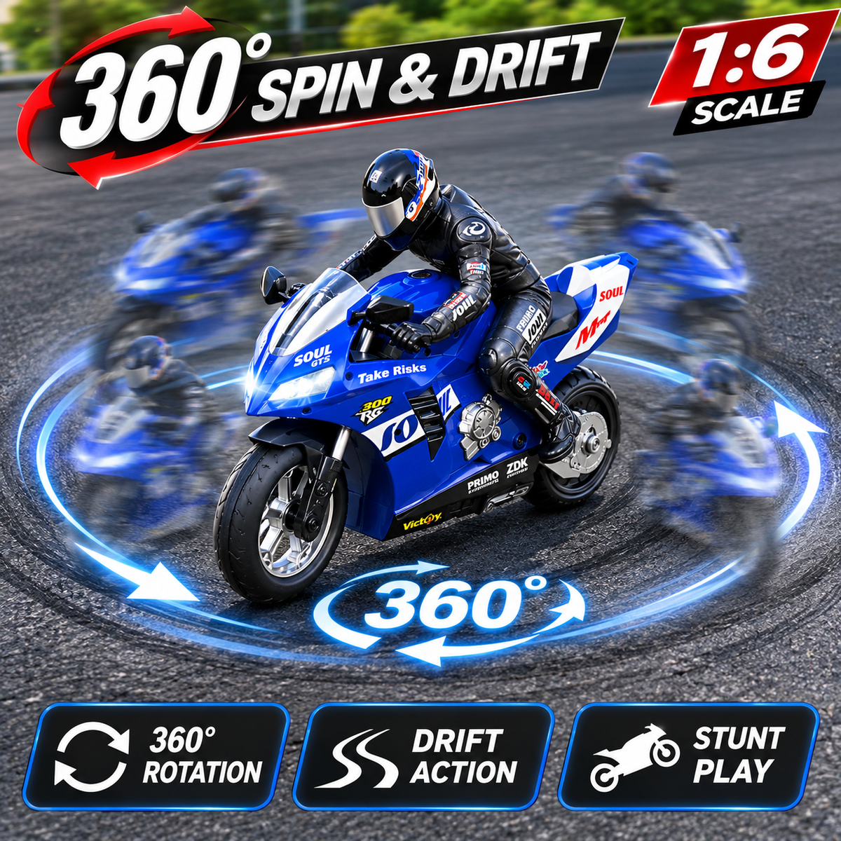 1:6 RC Stunt Motorcycle Remote Control Motorbike 360° Drift Wheelie Red Blue