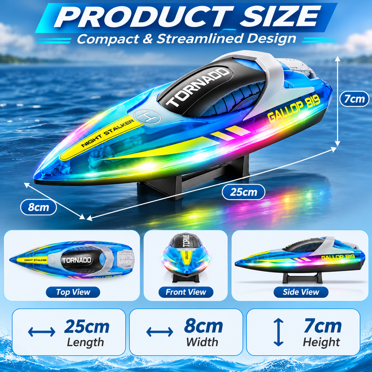 RC Speed Boat 2.4GHz Remote Control Dual Motor LED Lights Rechargeable Toys Boys